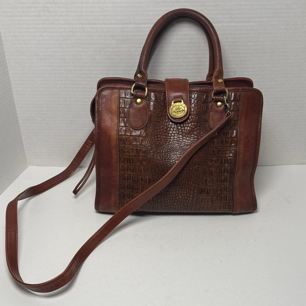 BRAHMIN Vintage Brown Leather Satchel Handbag Crossbody Strap Croc Embossed EUC